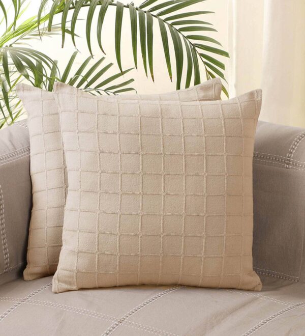 Beige Geometric Cotton Cushion Covers – 16 x 16 Inches (Set of 2)