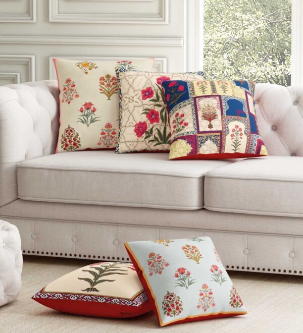 Multicolor Floral Poly-Cotton Cushion Covers – 16 x 16 Inches (Set of 5)